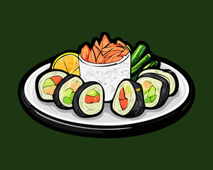Delicious Japanese sushi bowl featuring delicious combination of sushi maki rolls filled with salmon cucumber and - Vector Illustration © powdesign