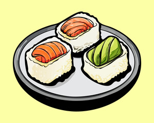 Delicious Japanese sushi bowl featuring traditional hosomaki sushi rolls filled with fresh raw salmon chunks and - Vector Illustration © powdesign