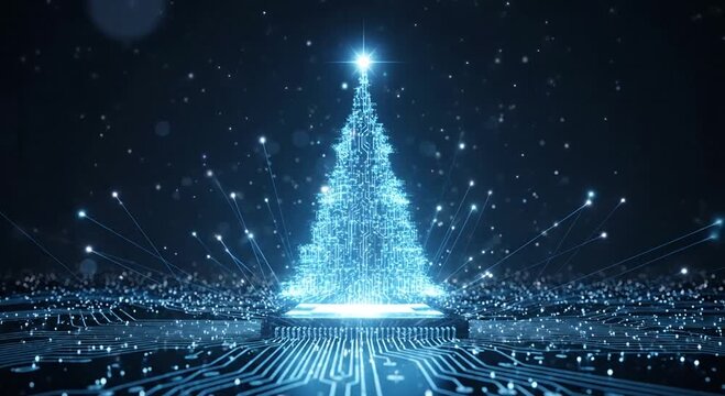 Futuristic digital Christmas tree rising from a circuit board with glowing blue lights and bokeh