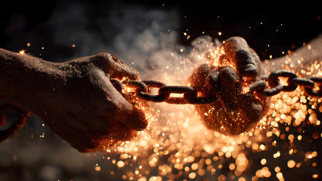 Two hands straining to break a metal chain, sparks flying, symbolizing struggle and overcoming adversity in a dramatic close-up