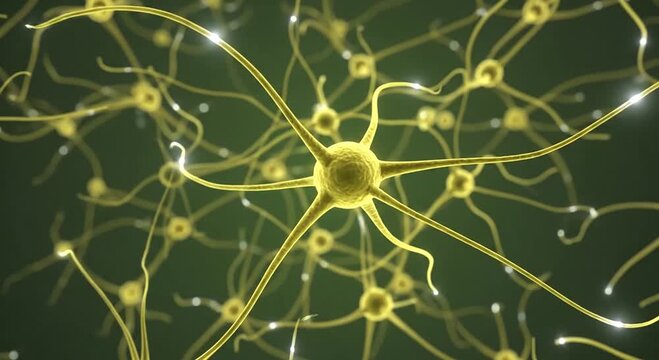 Glowing yellow neural network of brain cells with bright synapses.