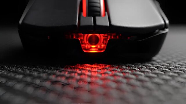 Closeup of a highperformance gaming mouse with glowing red LED lights.