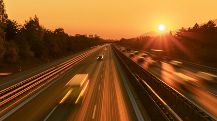 Fototapeta premium motorway. Golden sunset over a bustling motorway, capturing motion and urban energy. inspiring travel planning, mobility guides, designed for mobility and urban transit guides, used by clinicians.