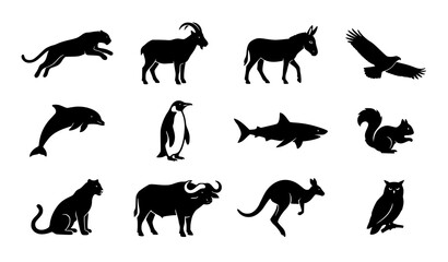 Assorted black animal silhouettes vector illustration with different wildlife poses isolated on white © Tanjimul