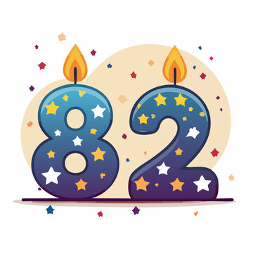 Number 82 Birthday Candle with Stars and Confetti