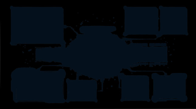 Abstract dark blue blob with connected squares and rounded rectangles on black background