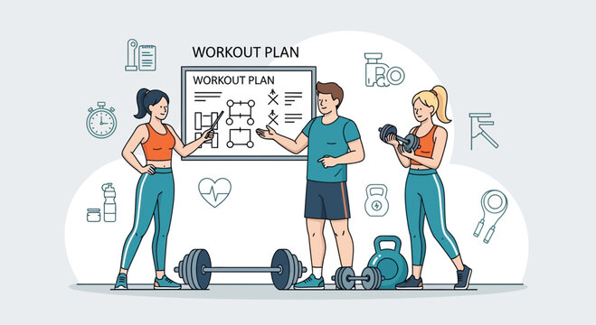 Fitness Coach Explaining Workout Plan to Athletes with Dumbbells