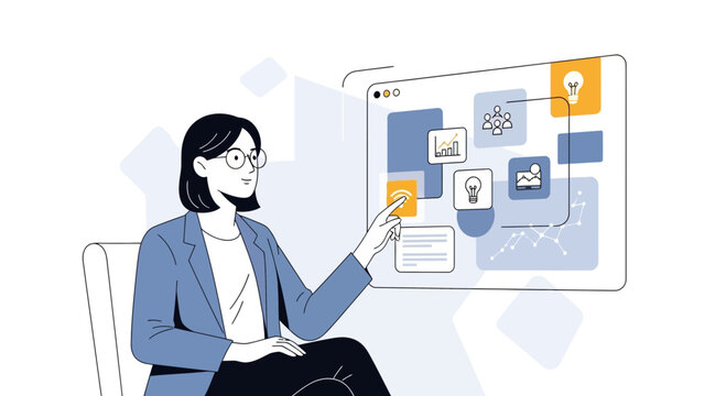Businesswoman interacting with digital data visualization on screen, brainstorming ideas.