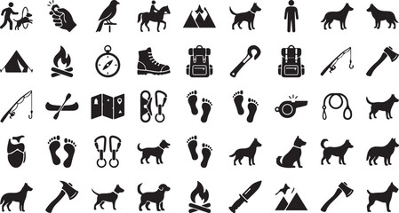 Obraz premium Black silhouette camping and hiking icons on white background