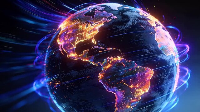 Digital earth with glowing continent outlines and colorful light trails in space