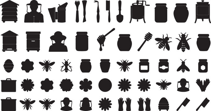 Black silhouette icons of beekeeping tools and honey production on white background