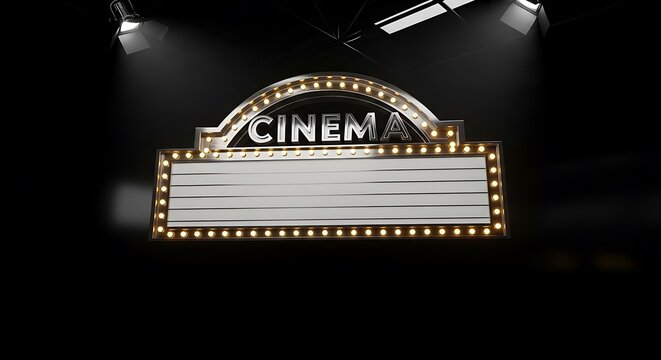 Retro illuminated cinema marquee sign against a dark stage background, ready for showtime announcements and entertainment events, evoking classic movie theater nostalgia and a dramatic atmosphere