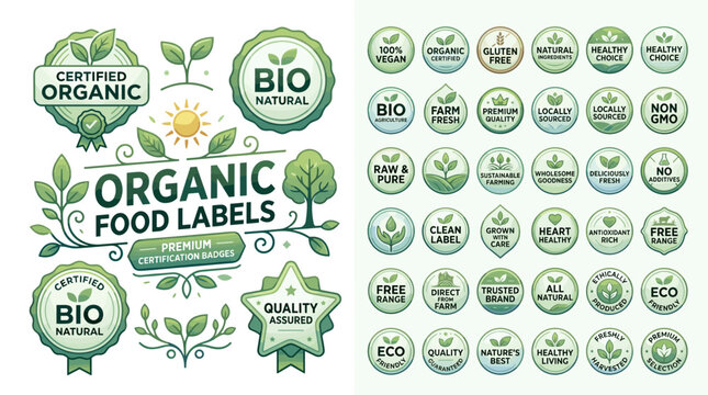 Organic food labels and eco badges.