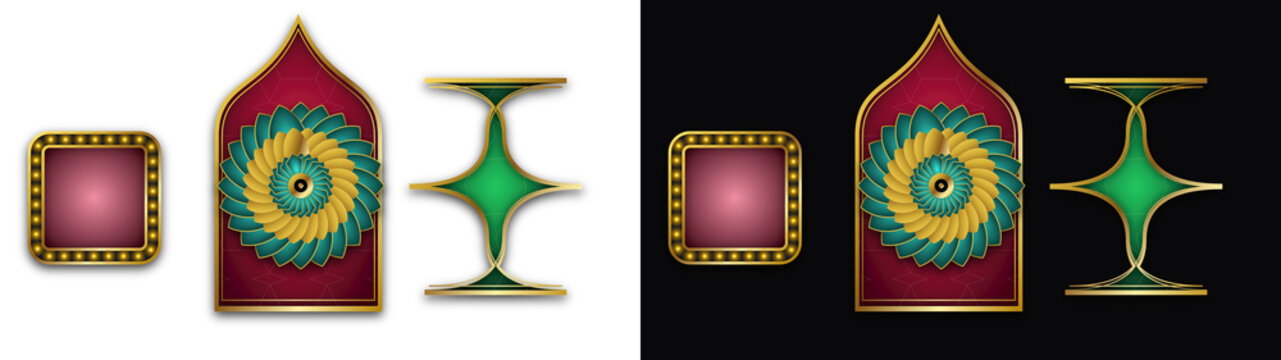 PNG image of Elegant Islamic Art Elements Set, ornate gold and emerald green decorative illustrations, vibrant maroon and teal design assets for cultural projects