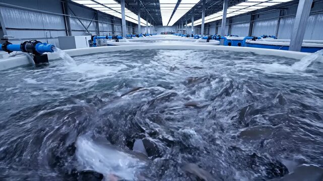 Modern indoor aquaculture facility featuring rows of large circular breeding tanks with flowing water and active fish, showing industrial water circulation pipes and lighting systems.