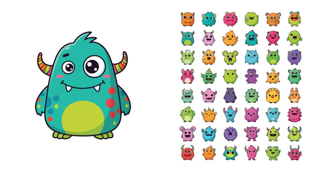 Cute monster cartoon character set, 42 colorful alien creature icons, friendly little monsters vector collection for children games and stickers