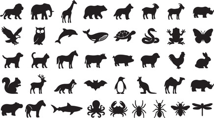 Obraz premium Collection of various animal silhouettes on white background for design and illustration