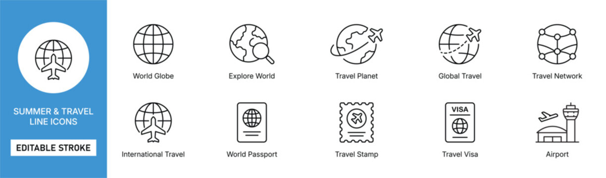 travel world globe icon line style editable stroke international tourism vector set