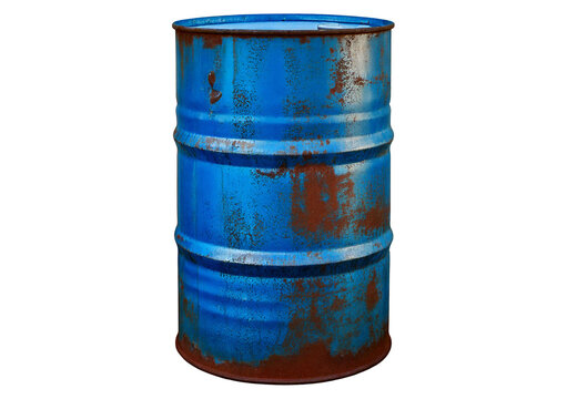 Old rusted blue steel oil barrel isolated on transparent or white background