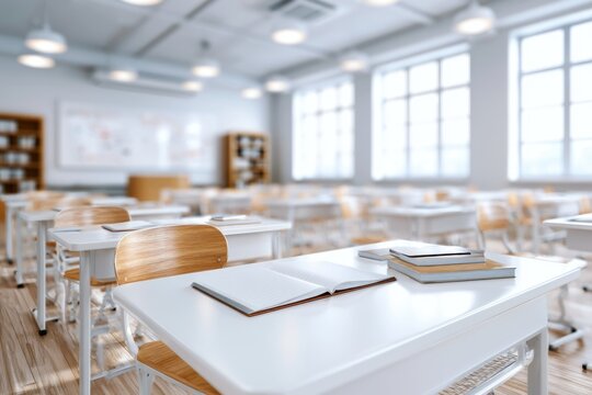 Bright, modern classroom with wooden chairs, white desks, open notebooks, and large windows letting in natural light.