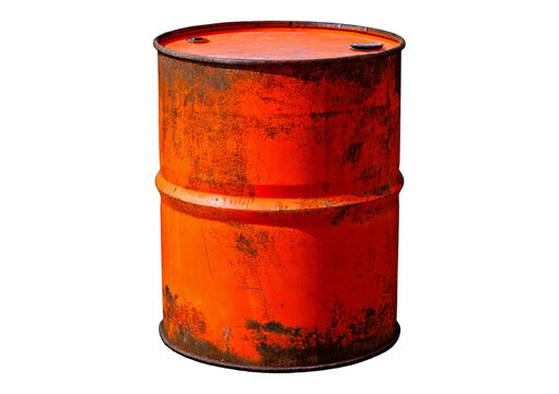 Old rusted Orange steel oil barrel isolated on transparent or white background