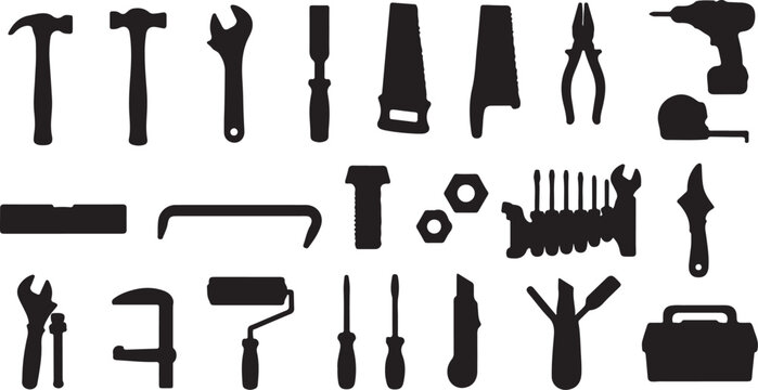 Collection of various tools on white background for repair and construction work