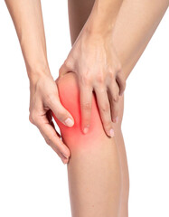 Fototapeta premium Pain, injury to the knee. A woman holds her knee with her hand. isolated on transparent or white background