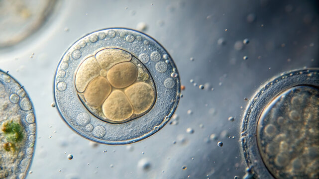 Fertilization and Process concept ,fertilized egg cell division embryo development microscopic view early stage biology