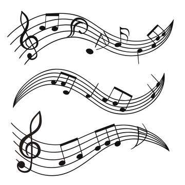 Abstract musical score elements featuring flowing curved staff lines and various note symbols for artistic themes and creative decorative designs