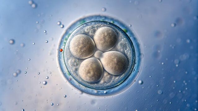 IVF and Embryo concept ,Embryo during early cleavage stage floating in fluid with soft blue background and delicate texture
