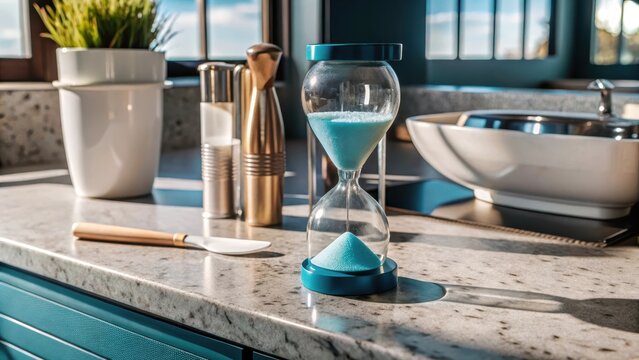 A toothbrush and sand timer sit on a sleek countertop, awaiting a busy morning routine