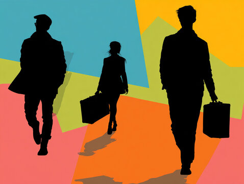 Minimal silhouette travelers with multicolor angular backgrounds