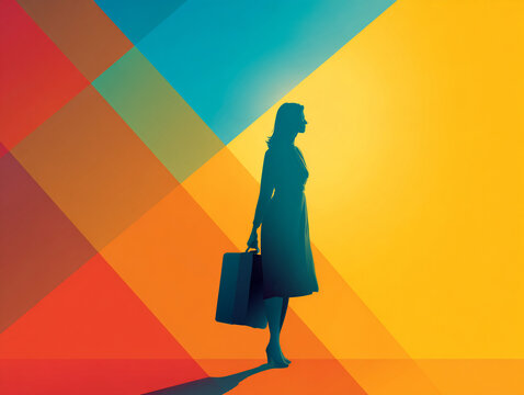 Minimal silhouette travelers with multicolor angular backgrounds