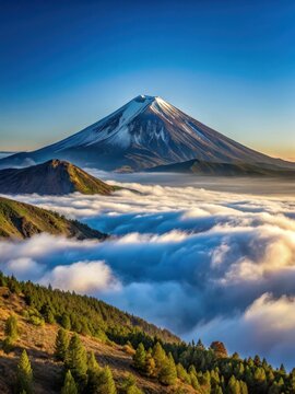 Majestic volcanic peak rises above a cloudcovered landscape in the Canary Islands, Spain, with El Teide Volcanos snowcapped summit visible from afa