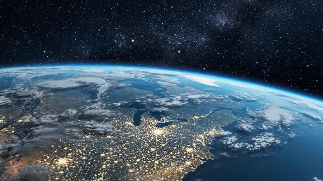 Wide orbital view of planet Earth at night featuring the North American continent with illuminated city lights, curved horizon, blue atmospheric glow, and a starry outer space background.