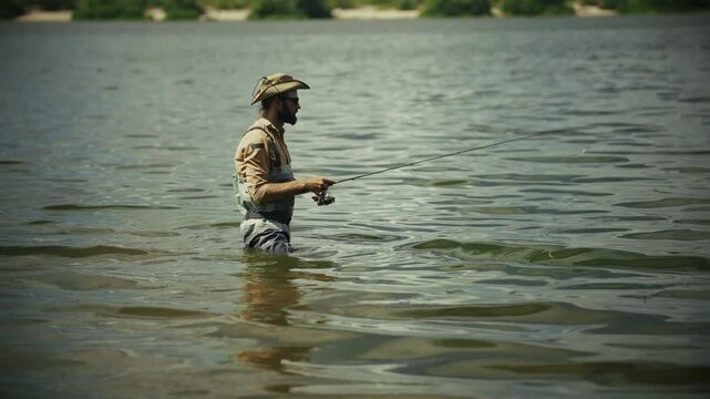 Angler Standing Deep In River Water Catching Fish With Rod. Summer Weekend Hobby 