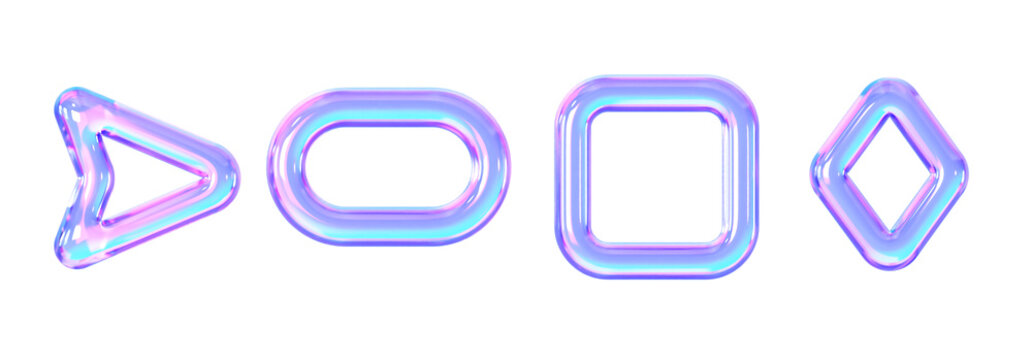 3D geometric outline frames and arrow pointer shapes, glossy prismatic Y2K decorative elements set