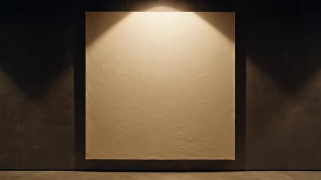 Three large blank square white canvases illuminated by individual overhead spotlights against a dark grey wall in a minimalist art gallery with polished reflective floors.
