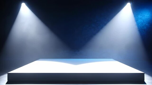 Empty white rectangular podium or platform illuminated by two bright spotlights creating light beams in a smoky dark blue room with a textured wall background.