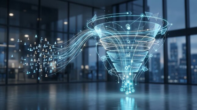 Abstract sales funnel concept with digital data processing for lead generation and marketing growth.