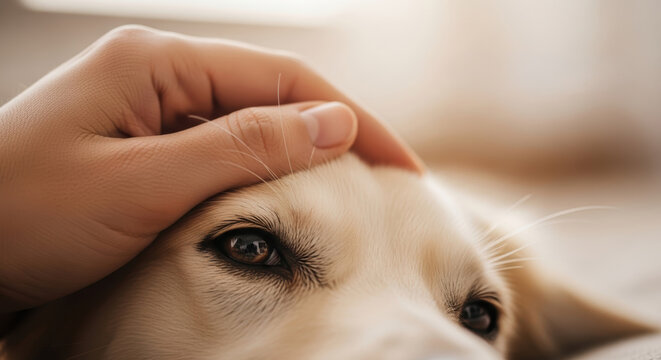 Gentle dog close up eye human hand pet affection hypertension warm light soft focus calm