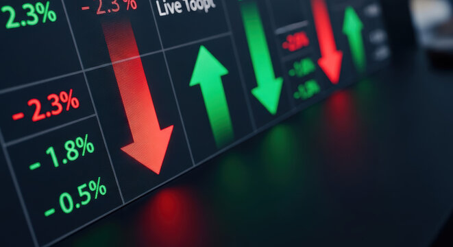 Interest rates forecast shown with red and green arrows on digital screen indicating market trends and financial changes