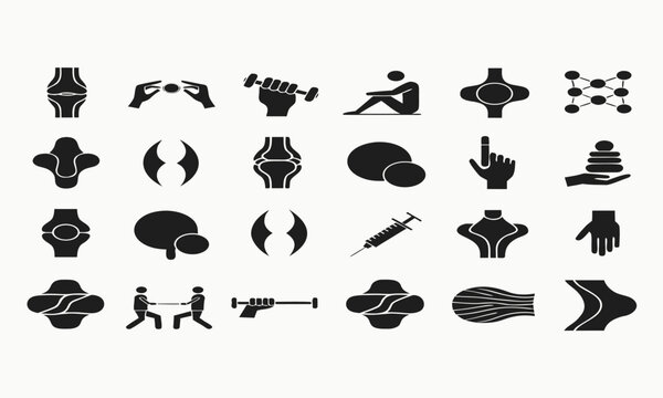 Healthcare pain outline symbols black silhouettes on a white background collection anatomy body bone cartilage chiropractic circulation diagram discomfort exercise