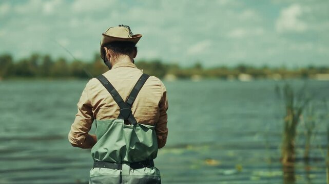Fisherman Enjoying Fishing Process Standing In River Water At Sunny Day. Angler Catching Fish In Lake On Weekend. Hobby And Leisure Recreation