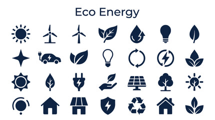 Obraz premium Eco energy icons set representing renewable resources like wind solar power and electric vehicles for sustainable environment and green technology concepts