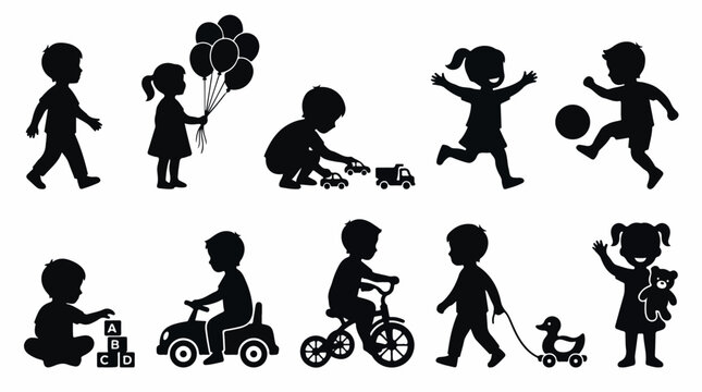 Black silhouettes of children playing, set of 10 kids vector icons, childhood activities and hobby silhouettes, toddlers with toys and sports equipment