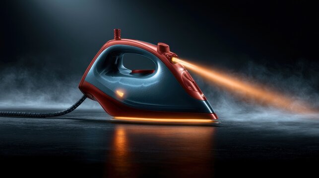 Futuristic Steam Iron: A sleek, modern steam iron emits a powerful orange stream of steam, glowing with an inner light, against a dark, moody background.