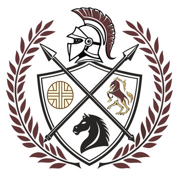 Spartan warrior crest with crossed lances and knight helmet atop a heraldic shield featuring stallion and geometric sun symbol inside laurel border