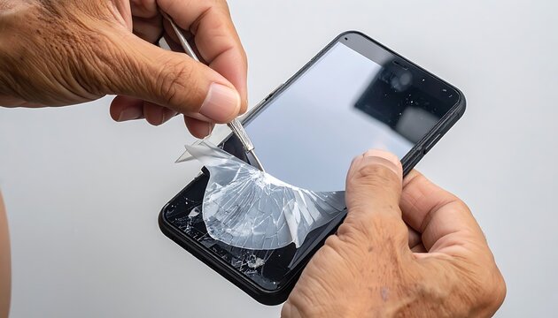 Hands applying screen protector to smartphone.