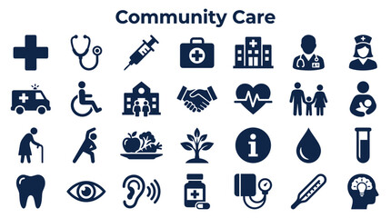 Community care healthcare medical icons representing health services and support for well-being including doctors hospitals and patient assistance © Iconique Studio